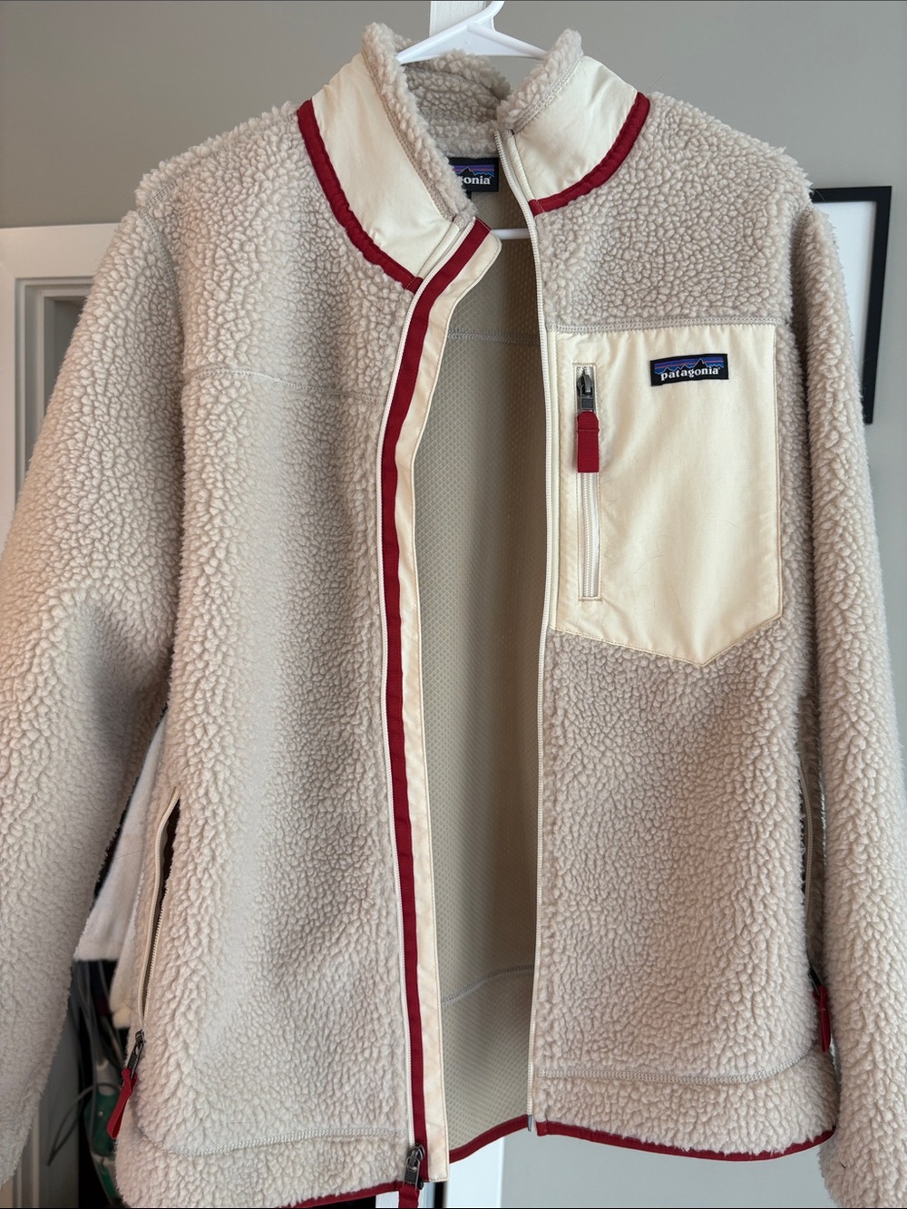Patagonia Cream Sherpa Fleece Jacket with Red Trim